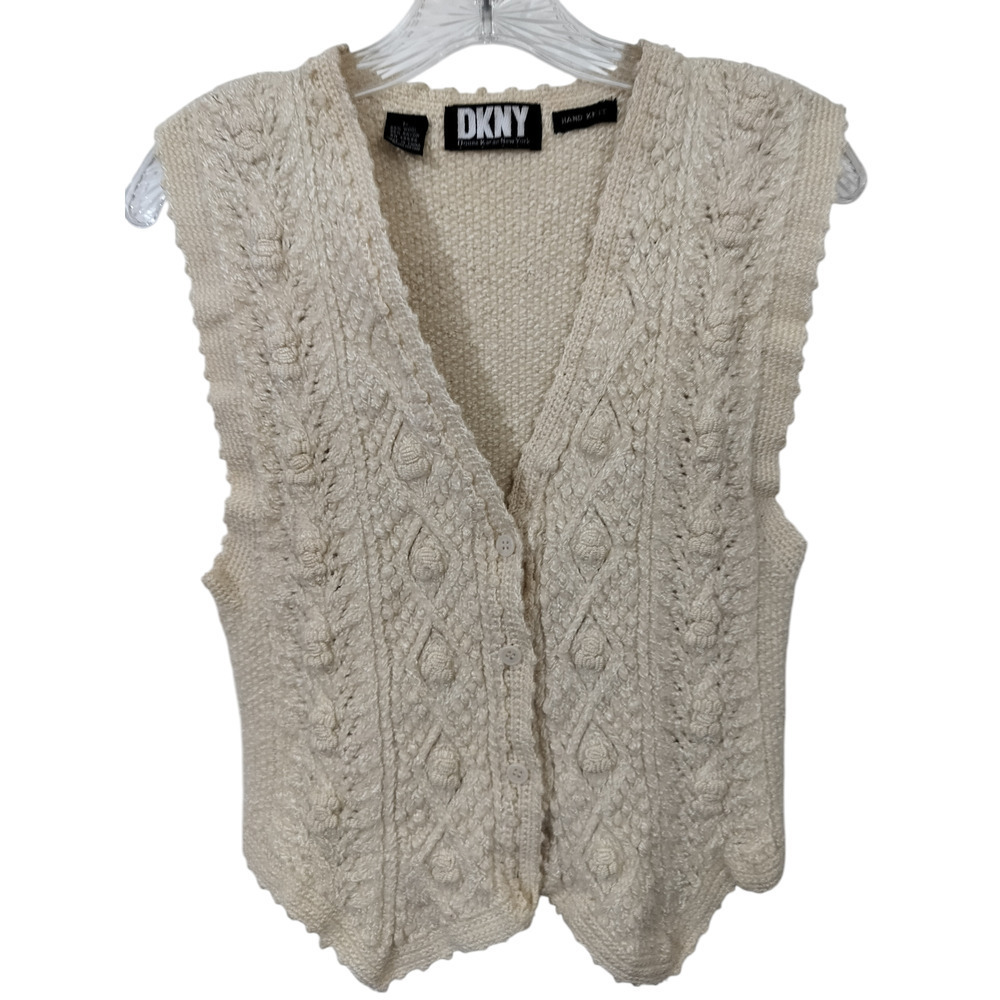 3207) DKNY Hand Knit Cottageore Wool Blend Button Up Cream Vest Size Medium